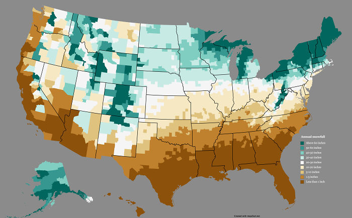 Average Annual Snowfall By County