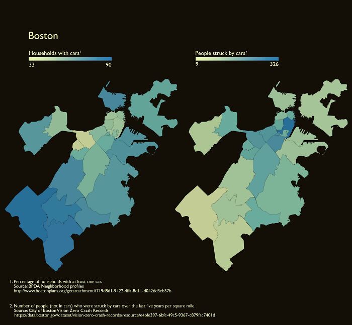 Where Boston Residents Own Cars vs. Where Boston Residents Get Hit By Cars
