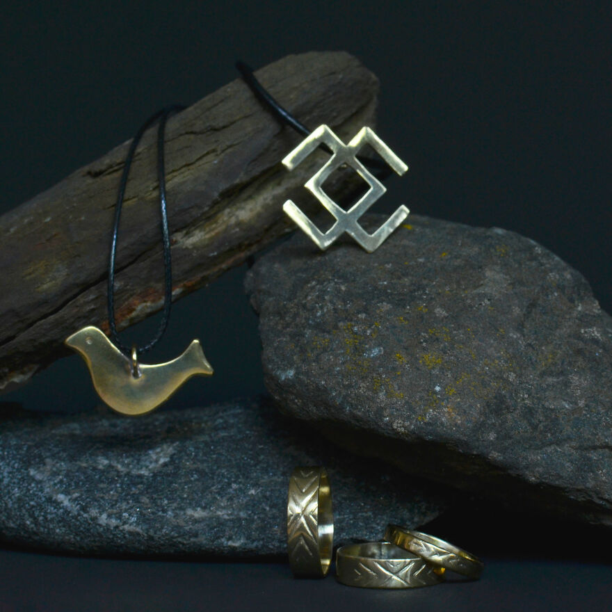 Brass Pendants "Bird" And "Cancer" Accompanied With Engraved "Fir" Rings