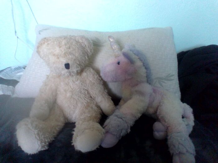 This Is My 1998 Limited Benton Bear From Jcpenney. (Left) And My Unicorn Who Is Named Mangave. (Right) Backstory On Mangave's Name I Got Him From A Man... Who Gave Him To Me.