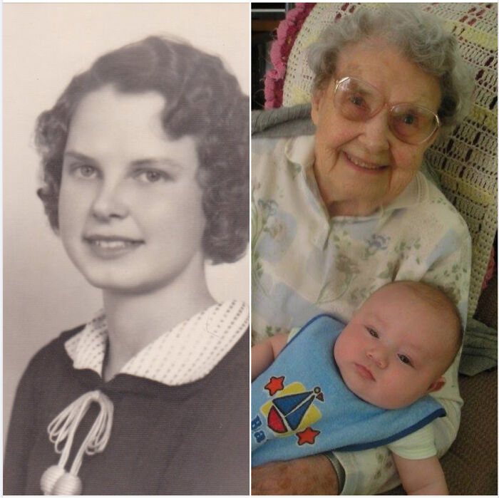 My Grandma When She Was A Cutie In Her 20s Back In 1934 And Then Her With My Son When He Was A Baby. He Was Her 8th Great-Grandchild At The Time And She Was 99 When She Passed