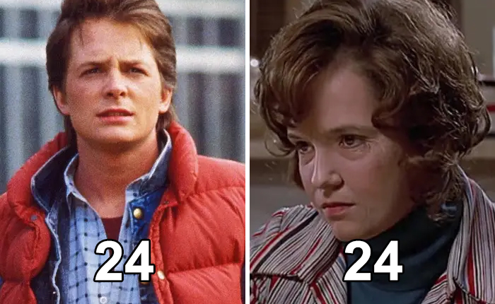 Michael J. Fox And Lea Thompson Are The Same Age — Even Though Fox's Character In "Back To The Future" Is Thompson's Son. Her Older Look Was Achieved With Facial Prosthetics