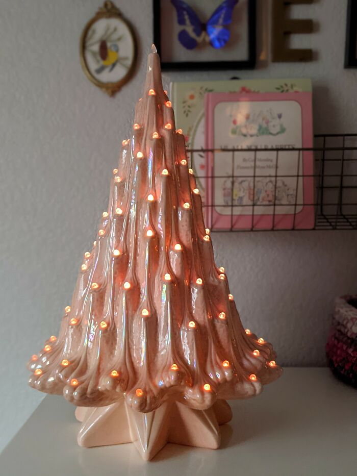 I've Got To Share My Ceramic Christmas Tree. I Found This Iridescent, Pink Monstrosity Last Year In The Pet Section At Our Local Thrift Shop. I Think They Thought It Was An Aquarium Decoration. It Now Lives Year-Round As A Nightlight In My Daughter's Bedroom