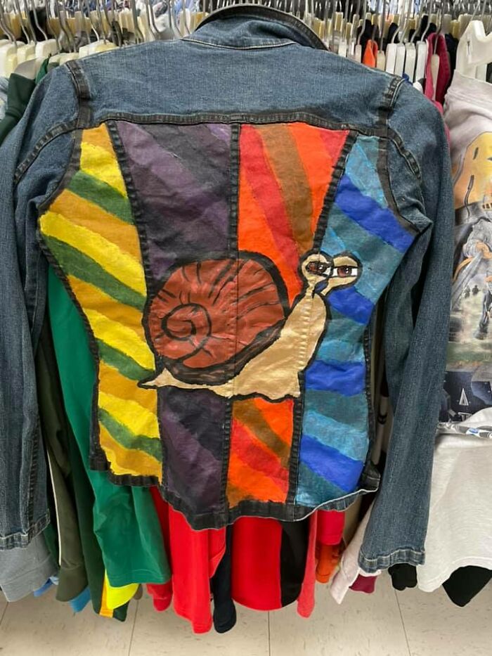 I Found This Bad Boy At My Most Recent Thrifting Haul. This Is A Custom Made One Of A Kind Hand Painted Snail Jacket. All I Want Is A Backstory Of How And Why Someone Painted A Snail On A Jacket
