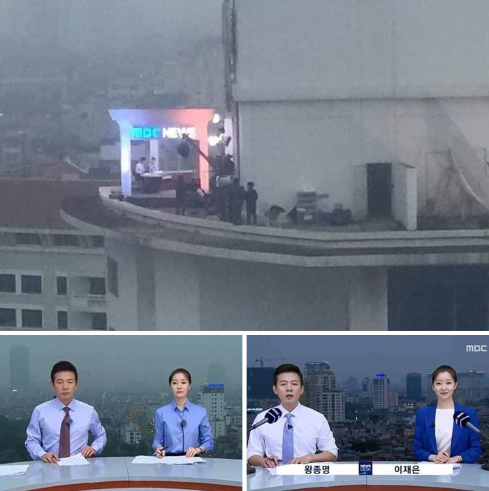 A Korean News Program Actually Filming On The Top Of The Building Instead Of Using A Green Screen