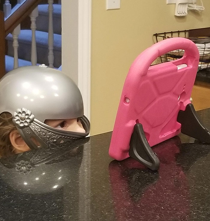 My 4-Year-Old Daughter Was Watching Something On Her Tablet That Scared Her. So She Came Back With Protective Headgear