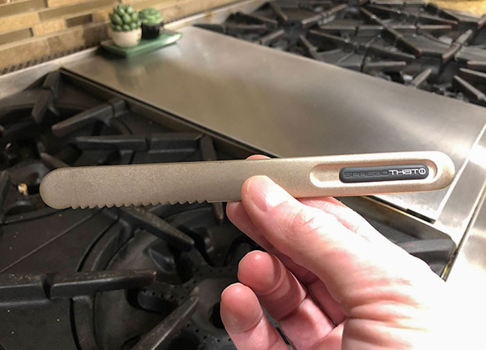 This Titanium Coated Butter Knife With Internal Copper Alloy Heat Tubes. It’s Made To Heat Up By Being In Your Hand To Make Spreading Butter Easier
