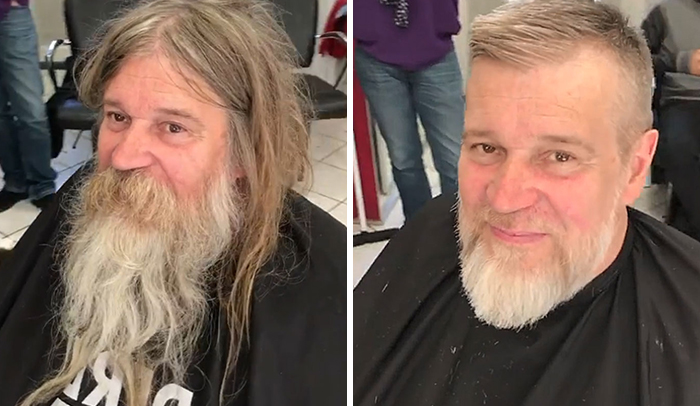 Awesome Barber Transforms This Homeless Man For Free And His Before And After Pics Show Another Man