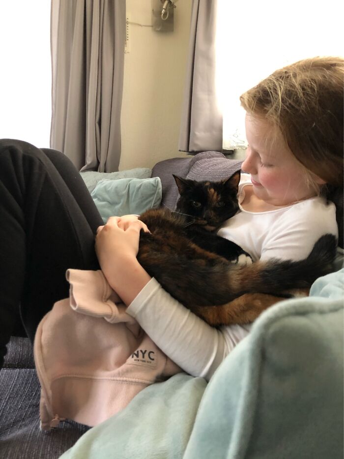 Inseparable, My 8y Old Daughter Laura With Our 12y Old Cat Mica
