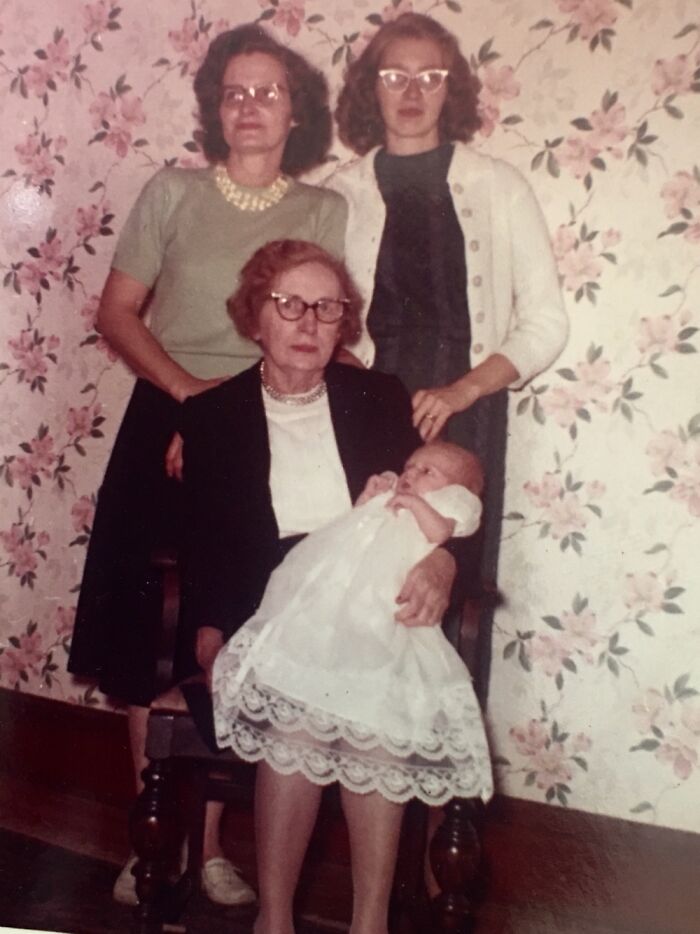 My Brother (Baby) In Great Grandmas Lap. Grandma In Green. My Mom In White Sweater. 1960