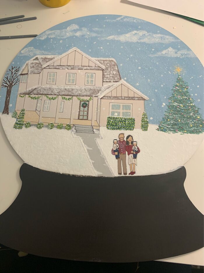 Custom Home And Family Portrait Snow Globe Door Hanger. This One Took A Really Long Time!