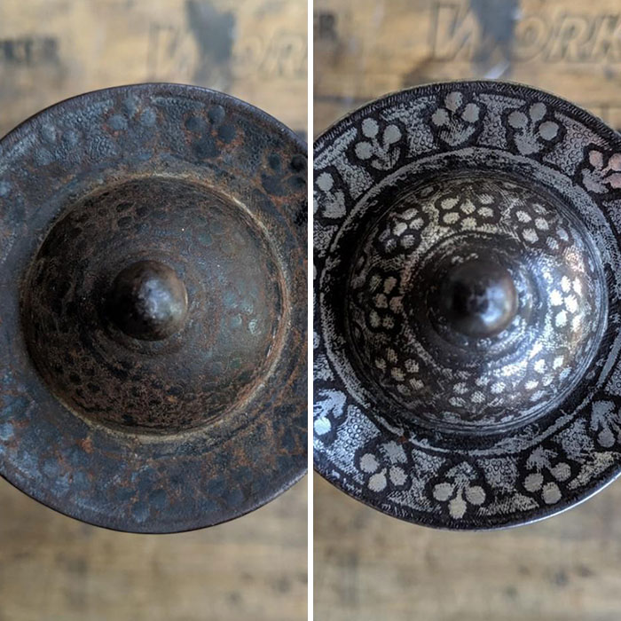 Before-And-After Cleaning Of A 300-Year-Old Silver-Inlaid Sword Pommel