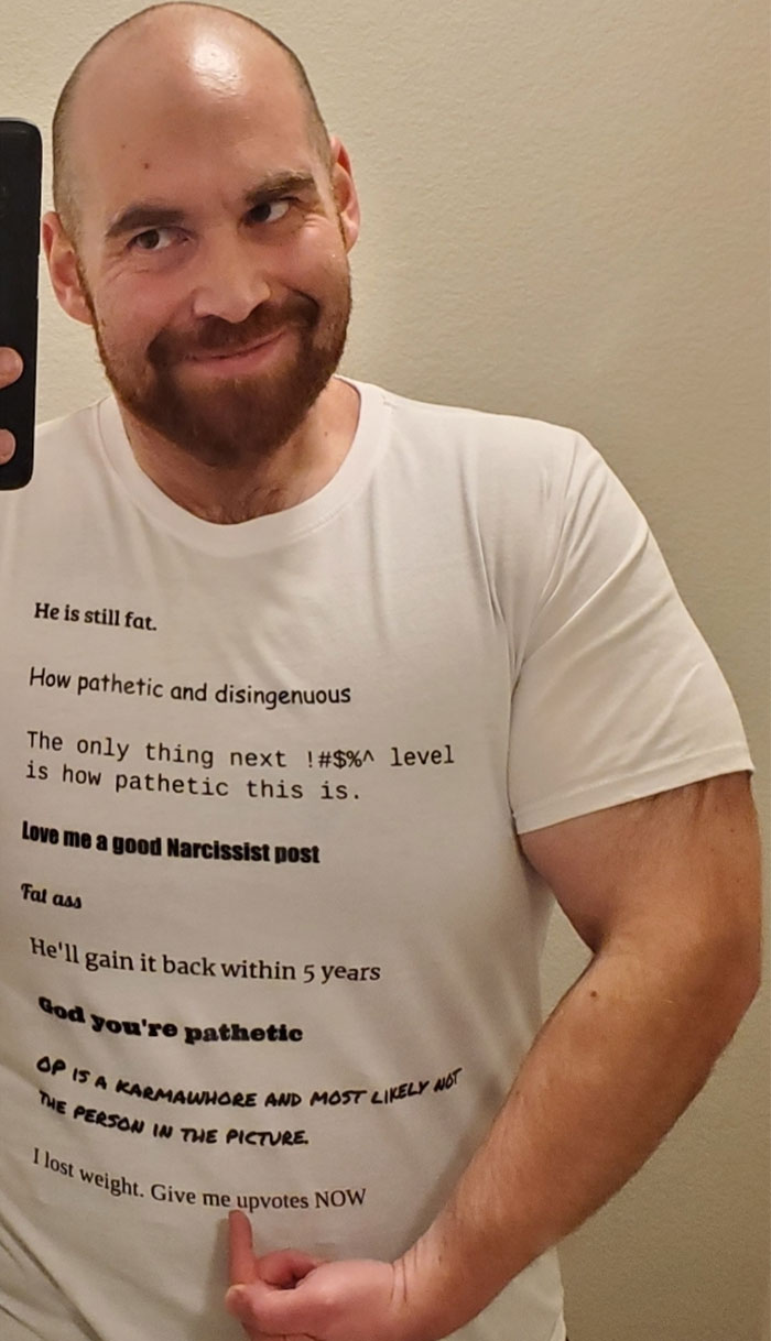 Guy Goes Viral For For His Transformation, Receives Hate Messages, Prints Them On A Shirt, Goes Viral Again