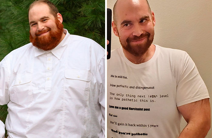 Guy Goes Viral For For His Transformation, Receives Hate Messages, Prints Them On A Shirt, Goes Viral Again