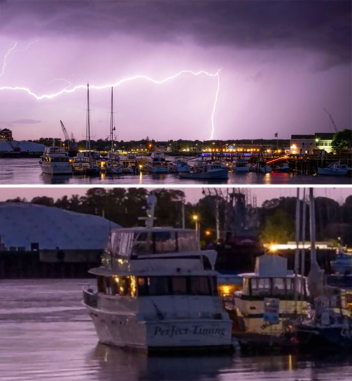 Brother Spent A Year Trying To Get A Lightning Photo. He Caught This Last Night, I Just Noticed The Boat In The Bottom Left.