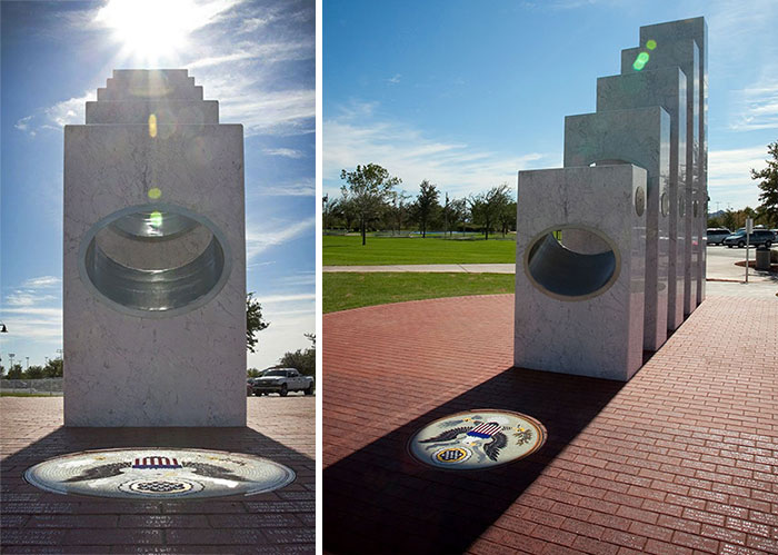 At Precisely 11:11 A.m. Each Veterans Day (Nov. 11), The Sun’s Rays Pass Through The Ellipses Of The Five Armed Services Pillars To Form A Perfect Solar Spotlight Over A Mosaic Of The Great Seal Of The United States