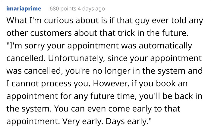 Person's Appointment Gets Canceled Because They Were 5 Minutes Late, But They 'Trick' The System And Get In Anyway