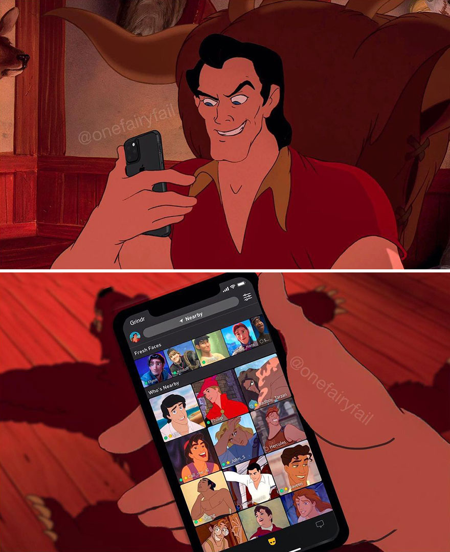 Artist Shows What It Would Be Like If Disney Characters Were "Glued" To Their Cell Phones
