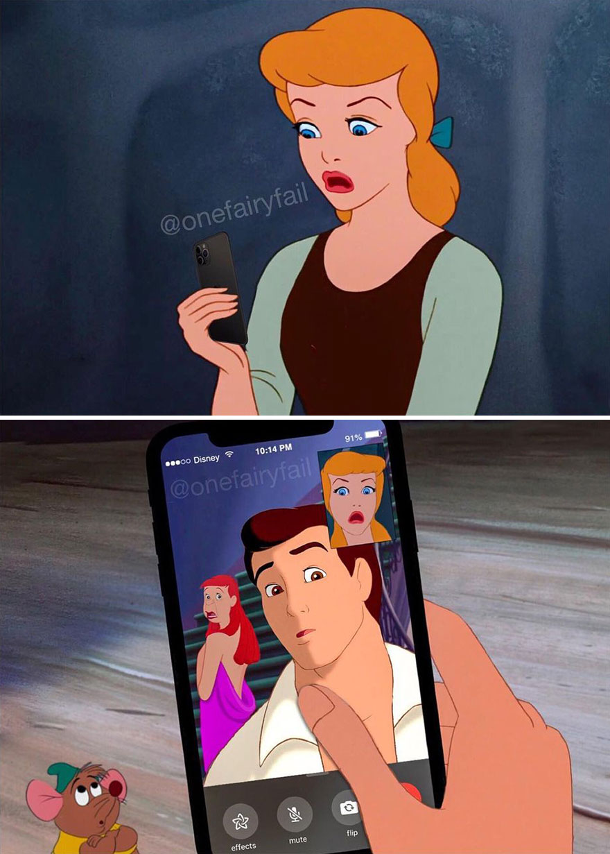 Artist Shows What It Would Be Like If Disney Characters Were "Glued" To Their Cell Phones