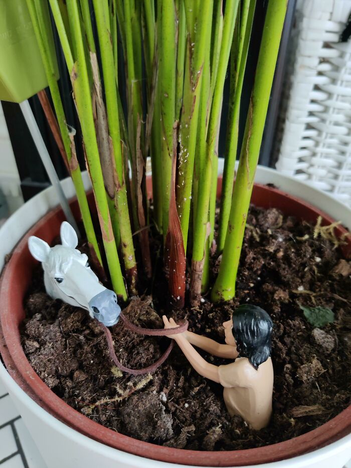 A Plant Pot Ornament Of Artax And Atreyu In The Swamp Of Sadness