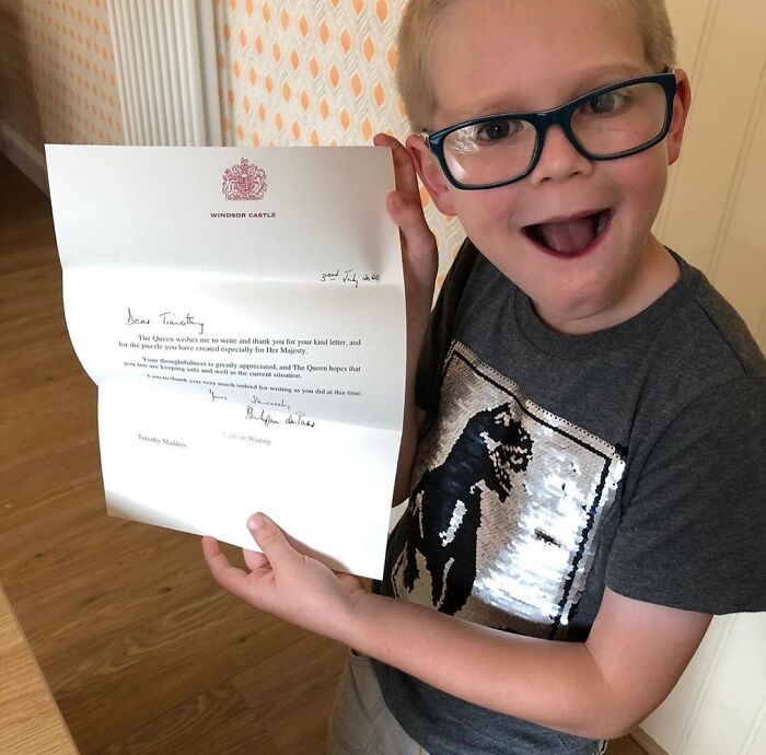 Timothy Madders Holding A Thank You Letter From The Queen. He Made Her A Homemade Wordsearch To Keep Her Occupied During Lockdown