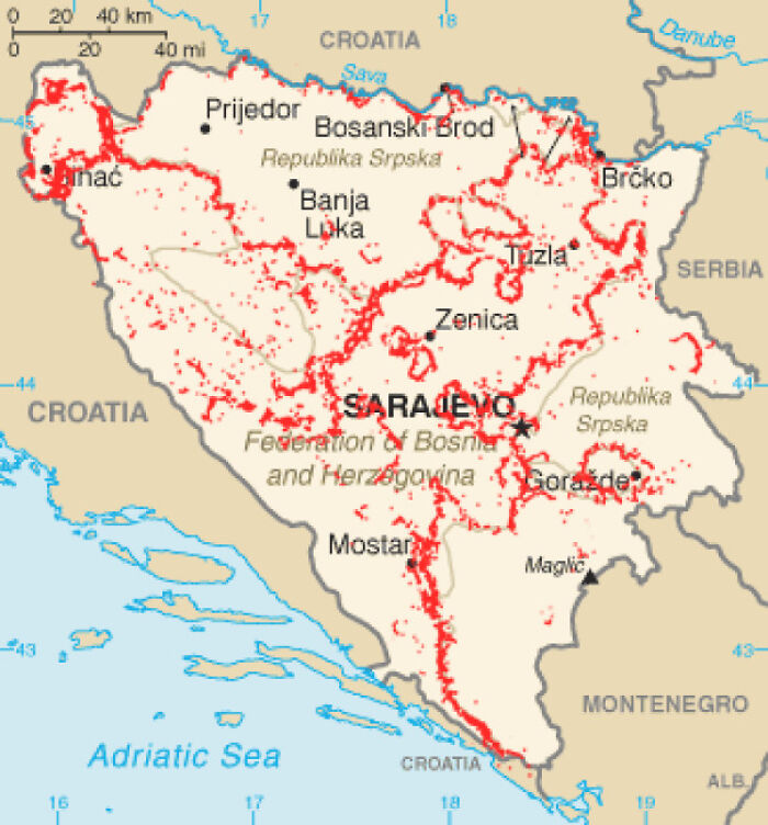Map That Shows The Land Mine Contamination In Bosnia And Herzegovina, In Which Roughly 2.4% Of The Entire Country's Land Is Covered In Land Mines From The Yugoslav Wars