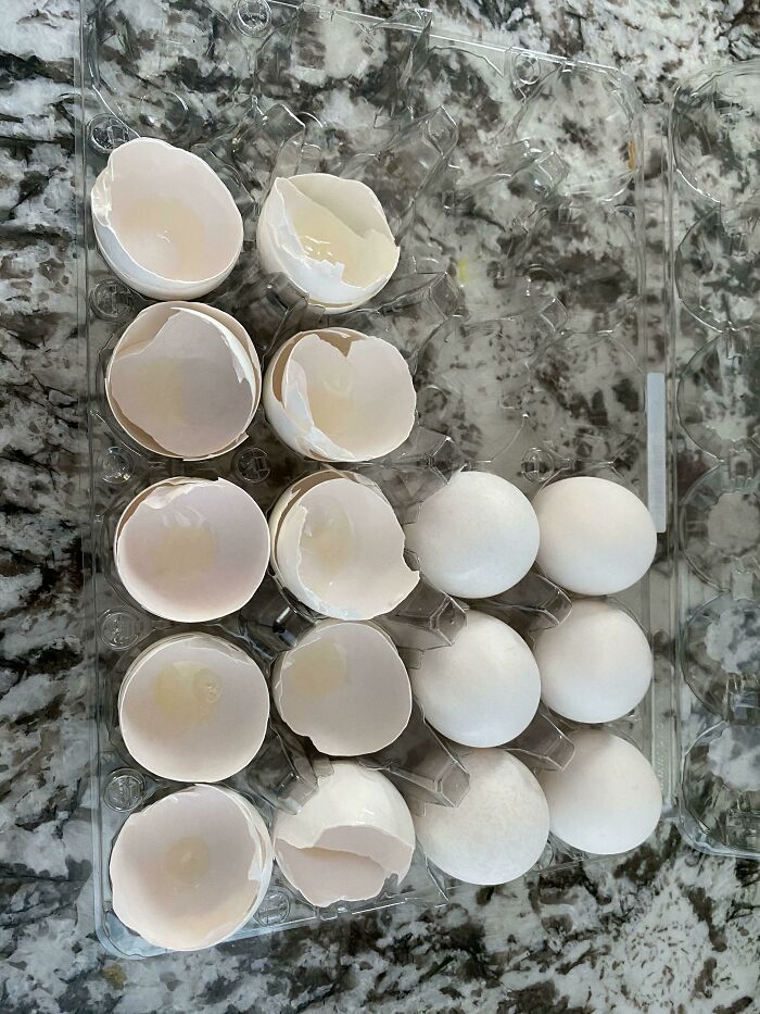The Way My Wife Keeps The Cracked Egg Shells Instead Of Throwing Them Out, And Yes, They Go Back In The Fridge Like This