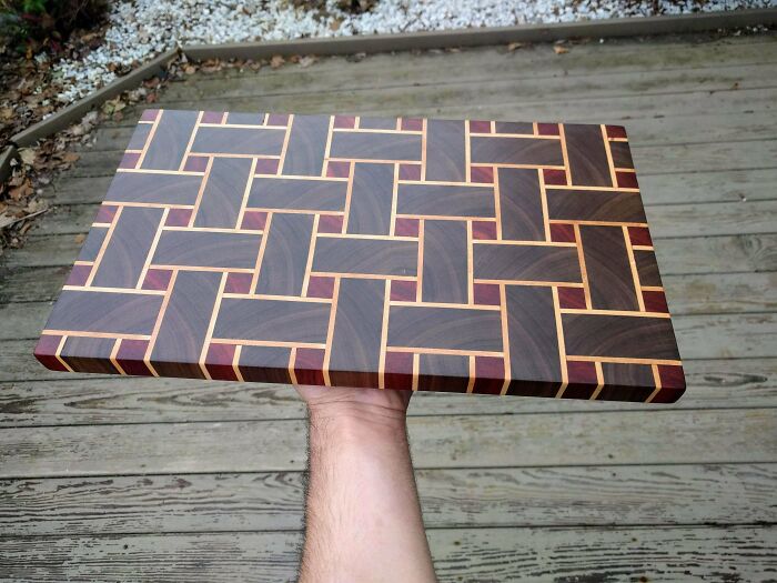 End Grain Cutting Board Made From 157 Pieces Of Black Walnut, Birdseye Maple, And Padauk
