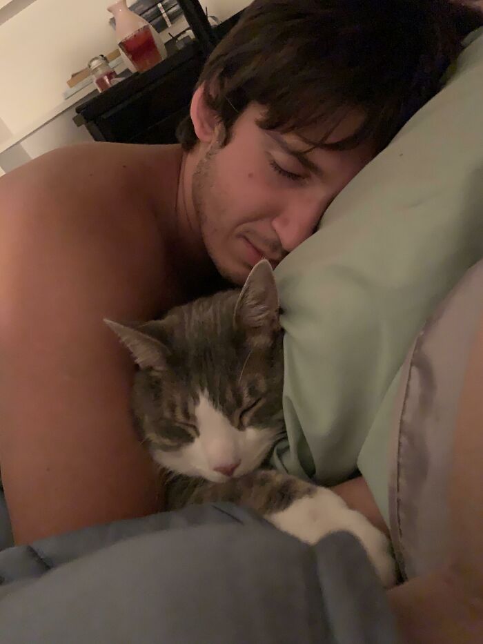 My BF Claims To Hate Cats. My Cat Slept Over Last Night, As Soon As My BF Put His Arm Around Him There Was Instant Purring