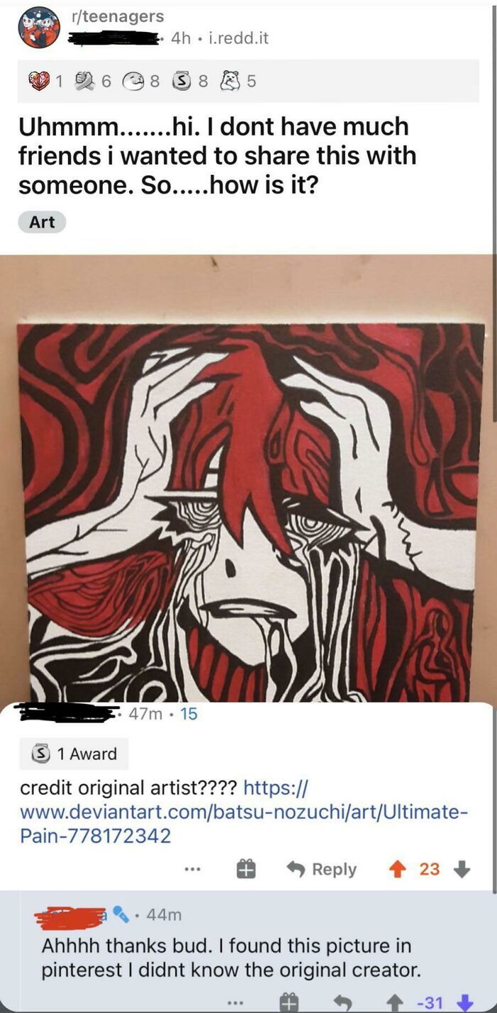 Says The Art Was Theirs And Gets 5.5k Upvotes Before Admitting They Actually Got It From Pinterest. The Original Artist Even Said “Please No Copying” When It Was Posted To Deviantart Almost 3 Years Ago