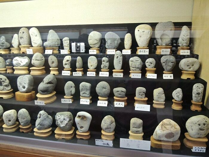 This Museum In Japan That Showcases Various Uniquely Shaped Naturally Formed Rocks With Faces On Them
