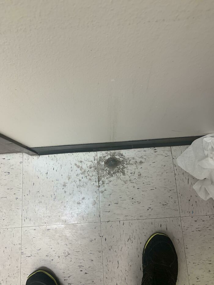 The Sanitizer At Work Has Started To Eat Through The Tile On The Bathroom Floor Over The Past Year