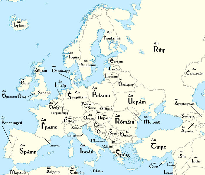 Nations Of Europe In Irish, With Gaelic Type