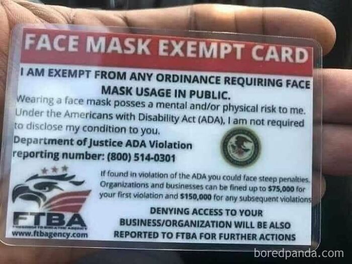 A Facebook Group Called "Freedom To Breathe" Are Making These Fake Mask Exemptions Cards As A Way To Get Around Wearing A Mask. If You Come Across These Cards, They Have Absolutely Are Not Official Government Cards Nor Do They Have Any Authority With Any Government Agency
