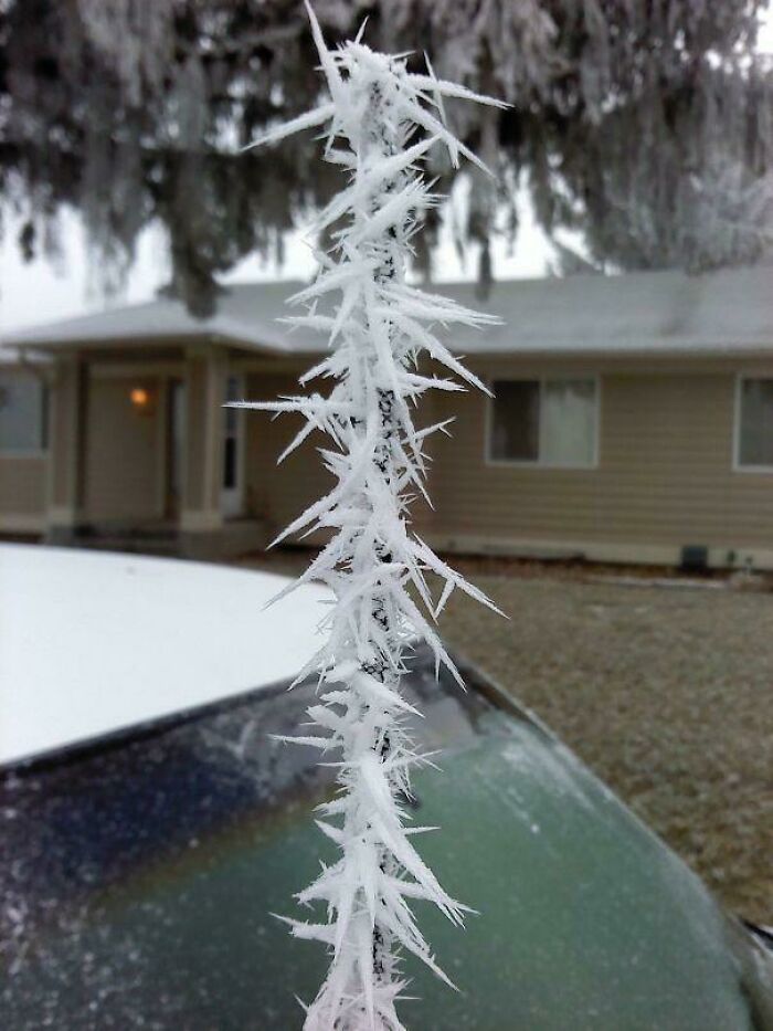 Ice Spikes Growing On A Truck's Antenna