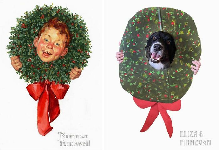 Boy With Head In Wreath, 1957 By Norman Rockwell vs. Dog With Head In Wreath, 2020