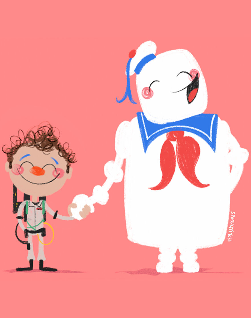 Dr. Peter Venkman And The Stay Puft Marshmallow Man From "Ghostbusters"