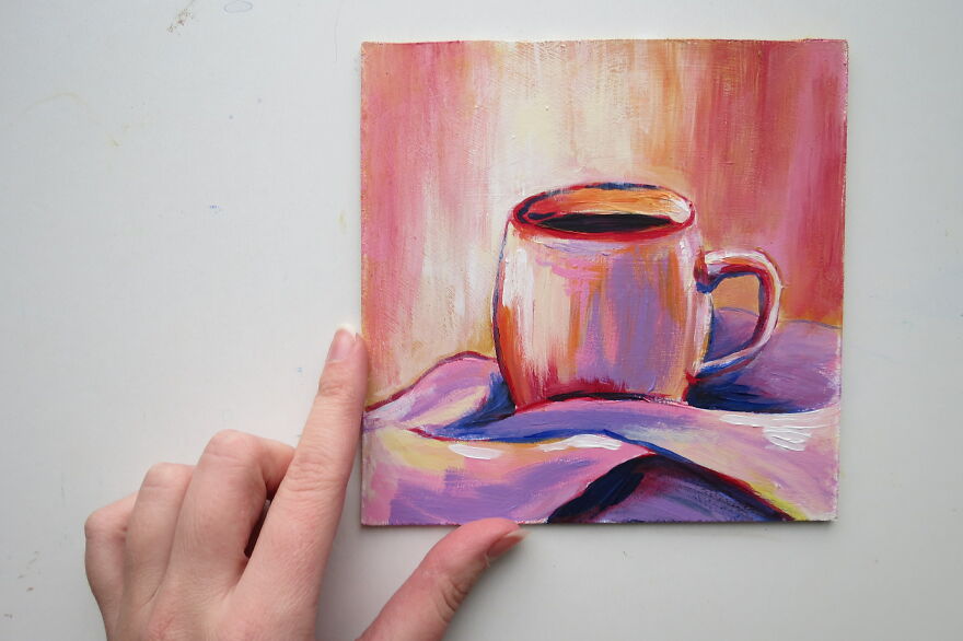 Colorful Hot Cop Of Coffee, Traditional Painting With Acrylic