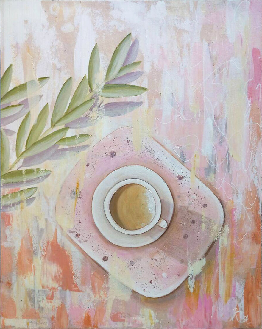 Lovely Pink-Beige Cup Of Coffee, Acrylic Painting