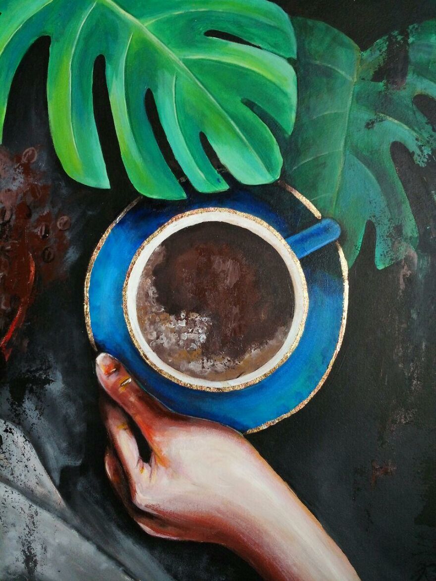 Monstera Leaf And Hot Coffee In Hand, Traditional Painting