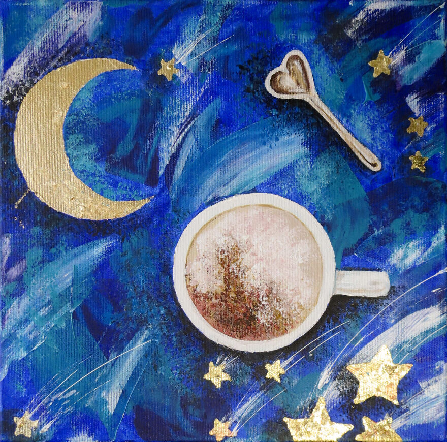 Magic Moon And Stars Story About Coffee, Acrylic With Gilding
