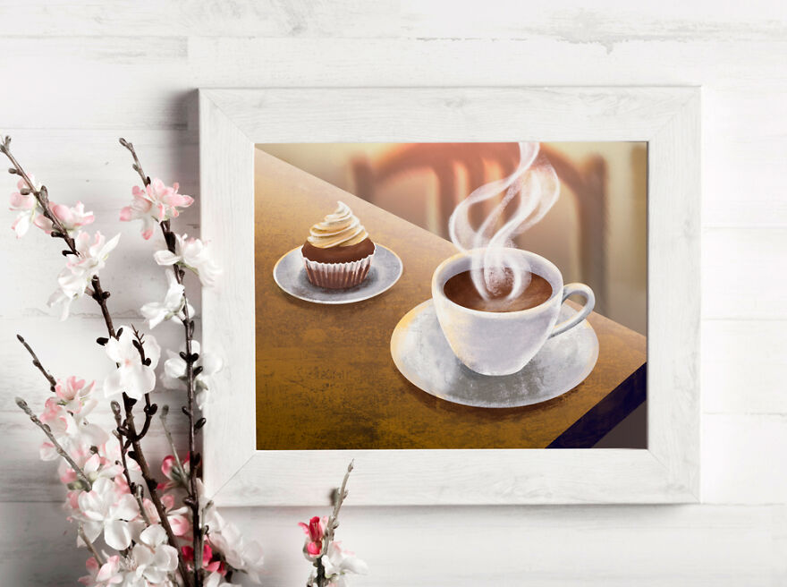 Digital Painting Cup Of Coffee Or Tea With Sweets