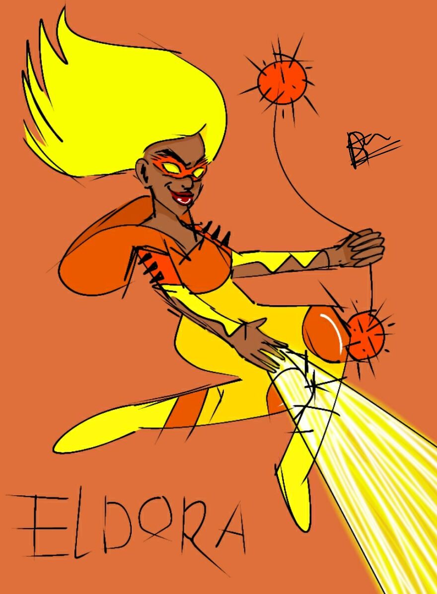 This Is Eldora! Her Powers Are: Flight, Super Strength And She Is Able To Control Fire And Light!