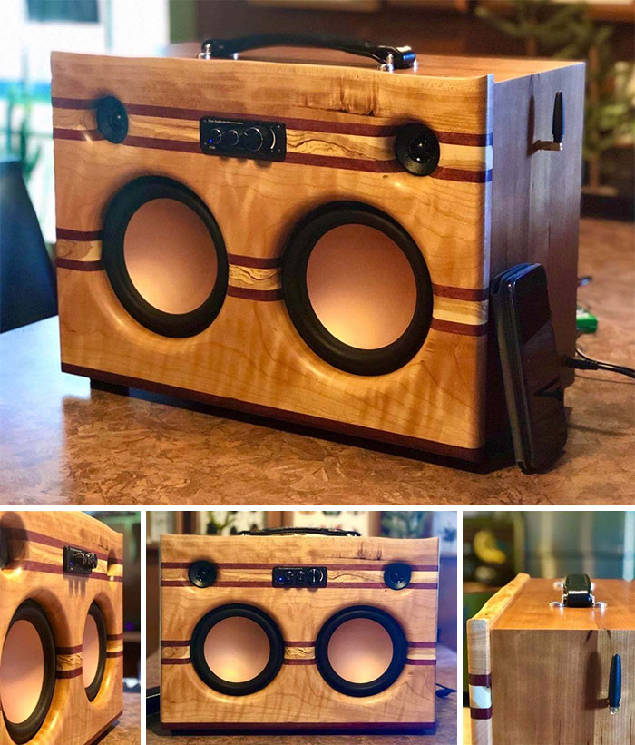Bluetooth Speaker For My Daughter’s Graduation Present. Lilac From Our Back Yard, Cherry Like Grammma’s Kitchen Cabinets, Live Edge Birch From Camp, And Purpleheart From Mom & Dad