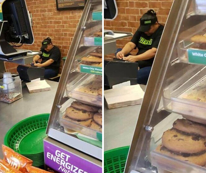 Subway Employee Picking Her Feet Behind The Counter. How Fresh
