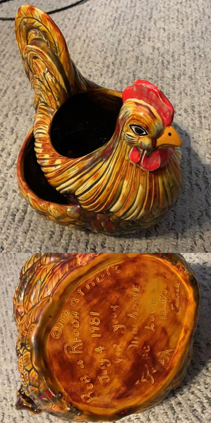 When My Wife And I Moved Into A House Our Friend Gifted Us This Ceramic Chicken Planter That She Found At A Thrift Store