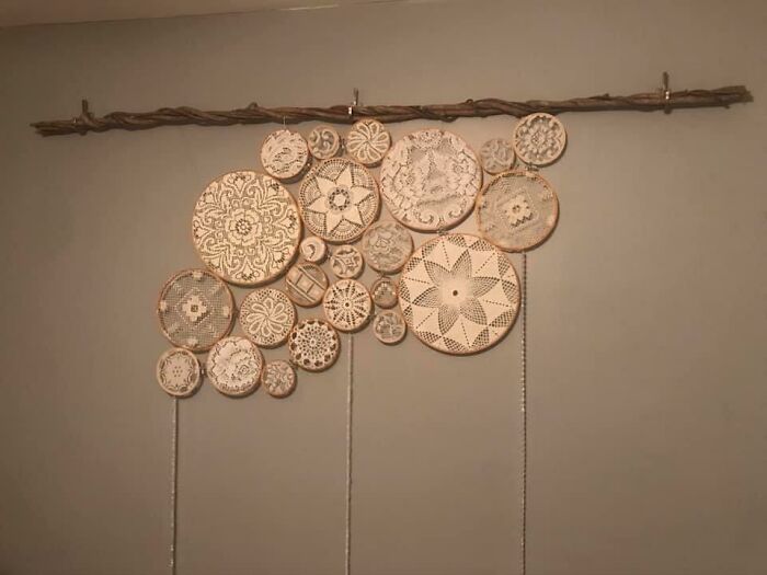 Wall Art I Created Out Of My Husband’s Grandma’s Doilies, Thrifted Doilies, Thrifted Lace Table Cloths, And Thrifted Embroidery Hoops