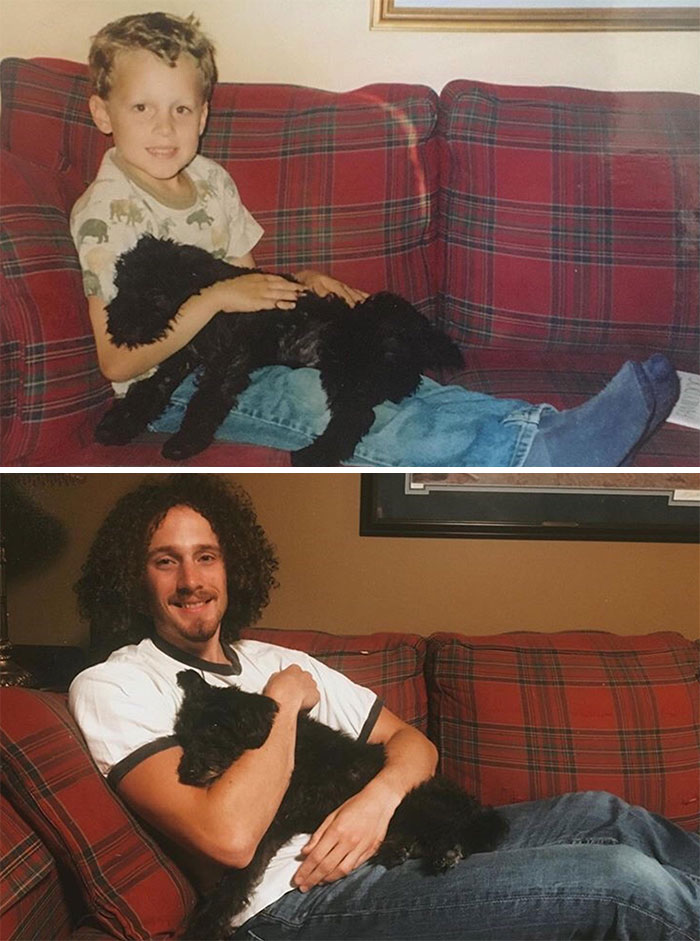 Same Boy, Same Dog, Same Couch. 16 Years Apart