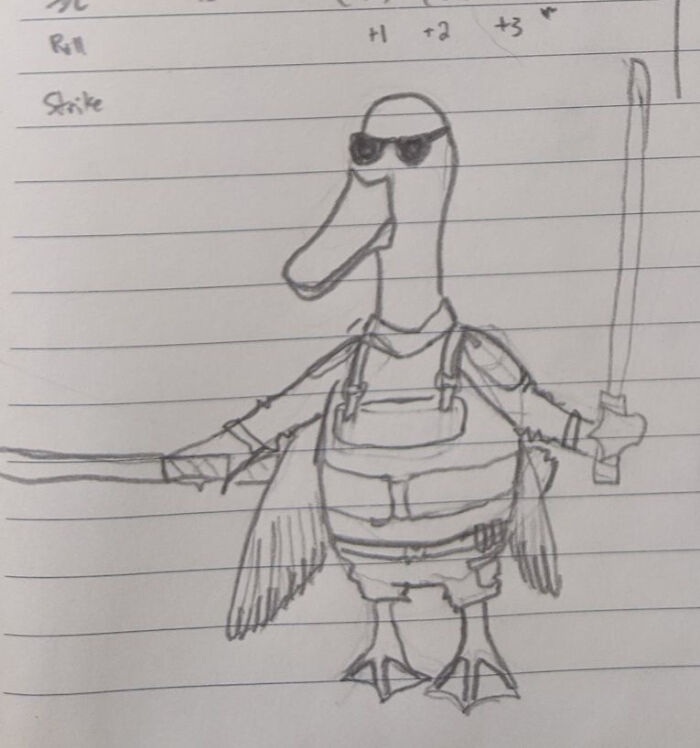 A Sketch I Drew Of Randomly Generated Character (Including The Species & Specialties) For A Role-Playing Game. He's Duck-Sized. I Got A Kick Out Of It, Hope You Do Too.
