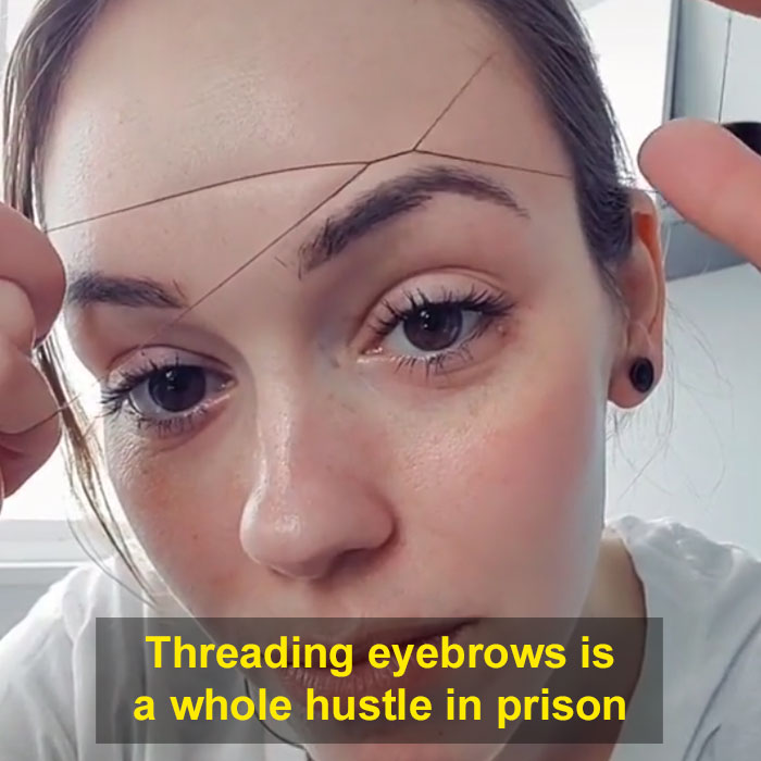 Women Fix Their Eyebrows Using A Thread Instead Of Tweezers